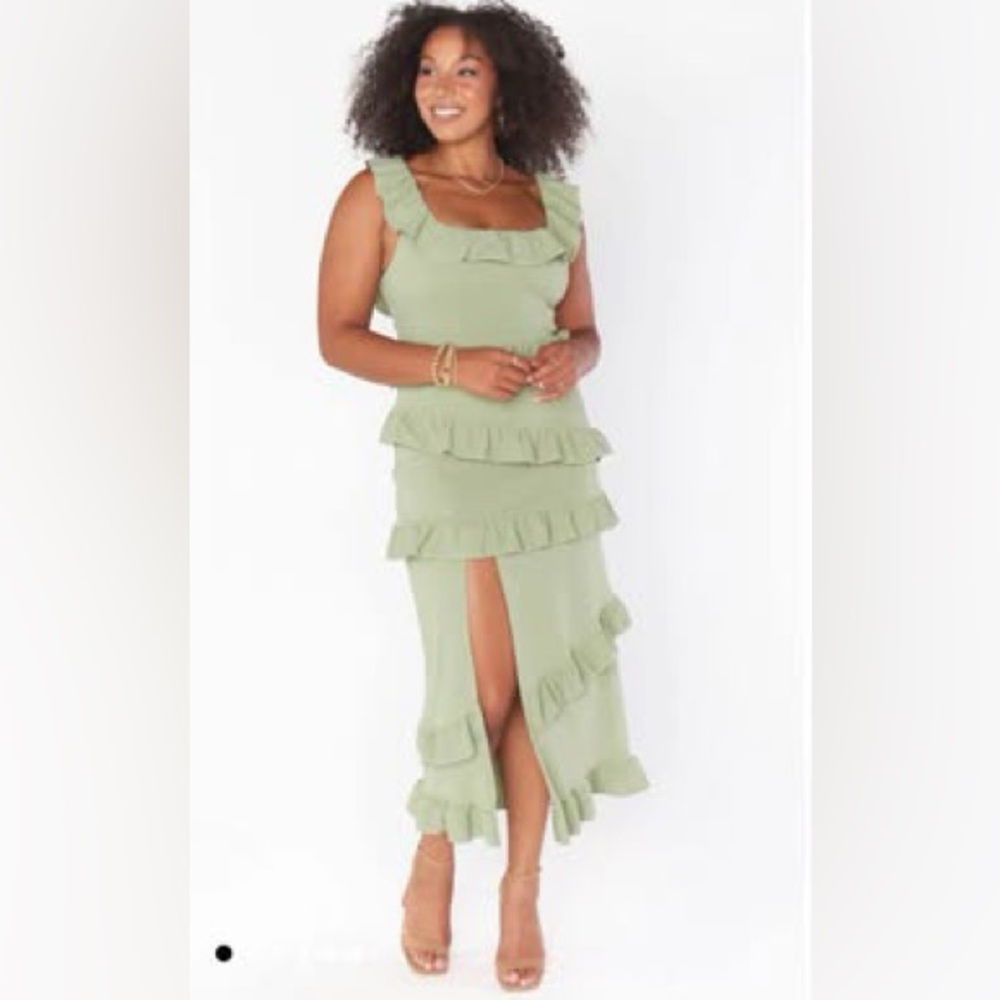 Show Me Your Mumu Ruffle Midi Dress – Sage Green – Size M